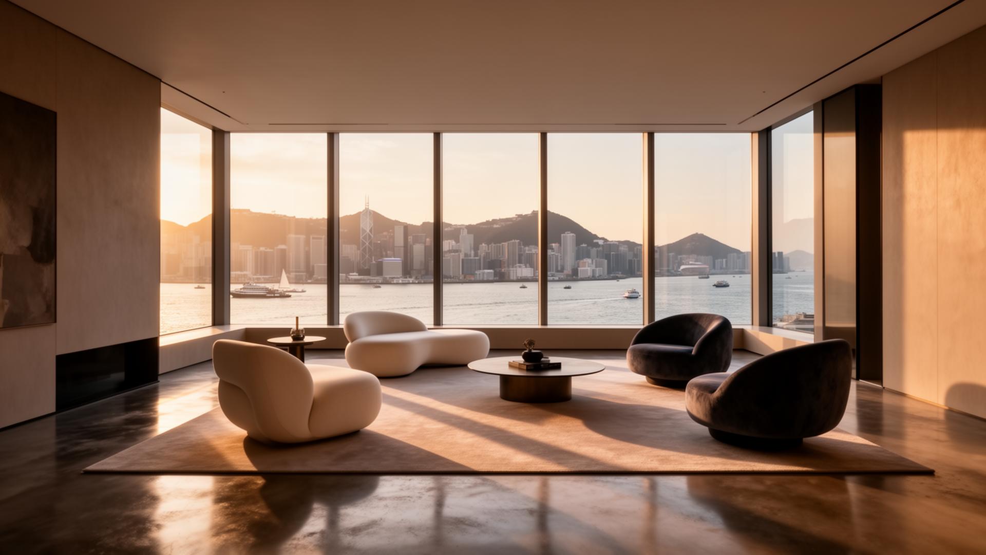 Penthouse interior overlooking Bangkok skyline at golden hour